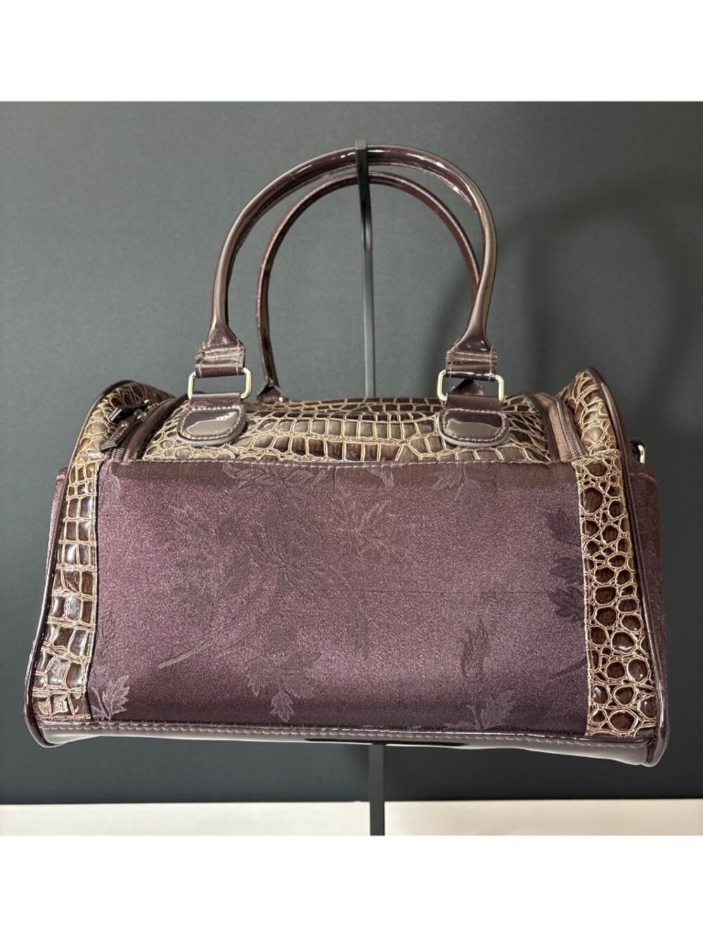 Faux Crocodile Travel Bag  Duffel Dual Handbag With Cosmetic Case Brown Floral - Picture 9 of 16